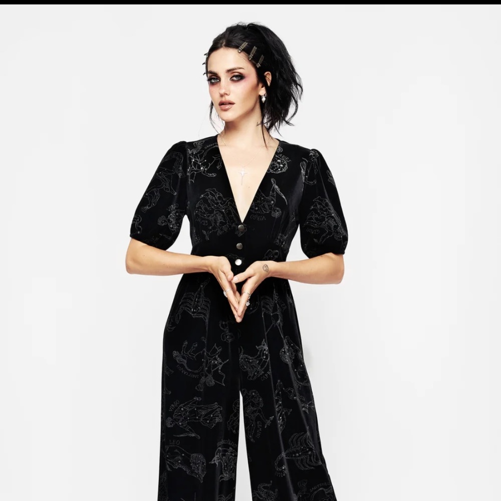 Disturbing Zodiac Foil Print Button Front Velour Jumpsuit